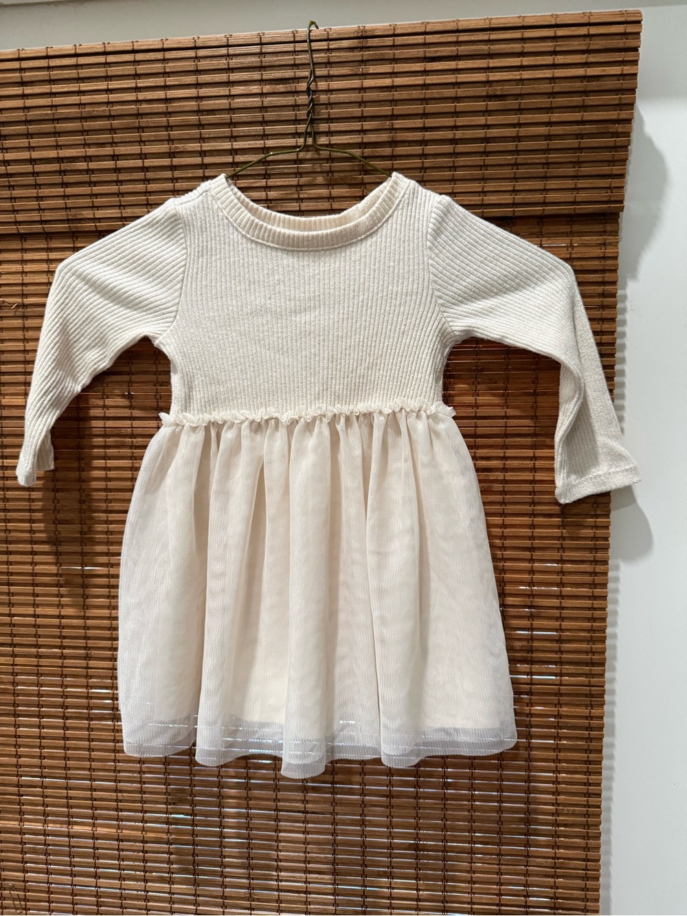 Cat and Jack Girls Cream Long-Sleeve Knit Bodice Tulle Skirt Dress